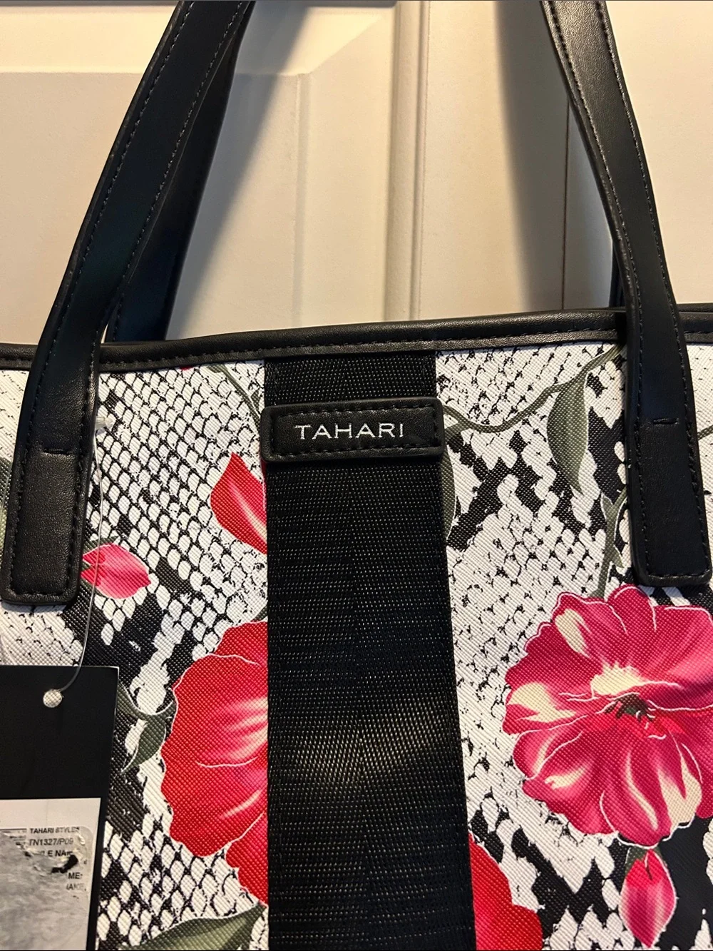 Tahari Black and Red Floral Snake-Print Tote
